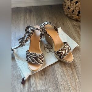 HERMES ESPADRILLE WEDGE PLATFORM SOFIA TRESSE 37 6.5 gold SANDAL heel MULES